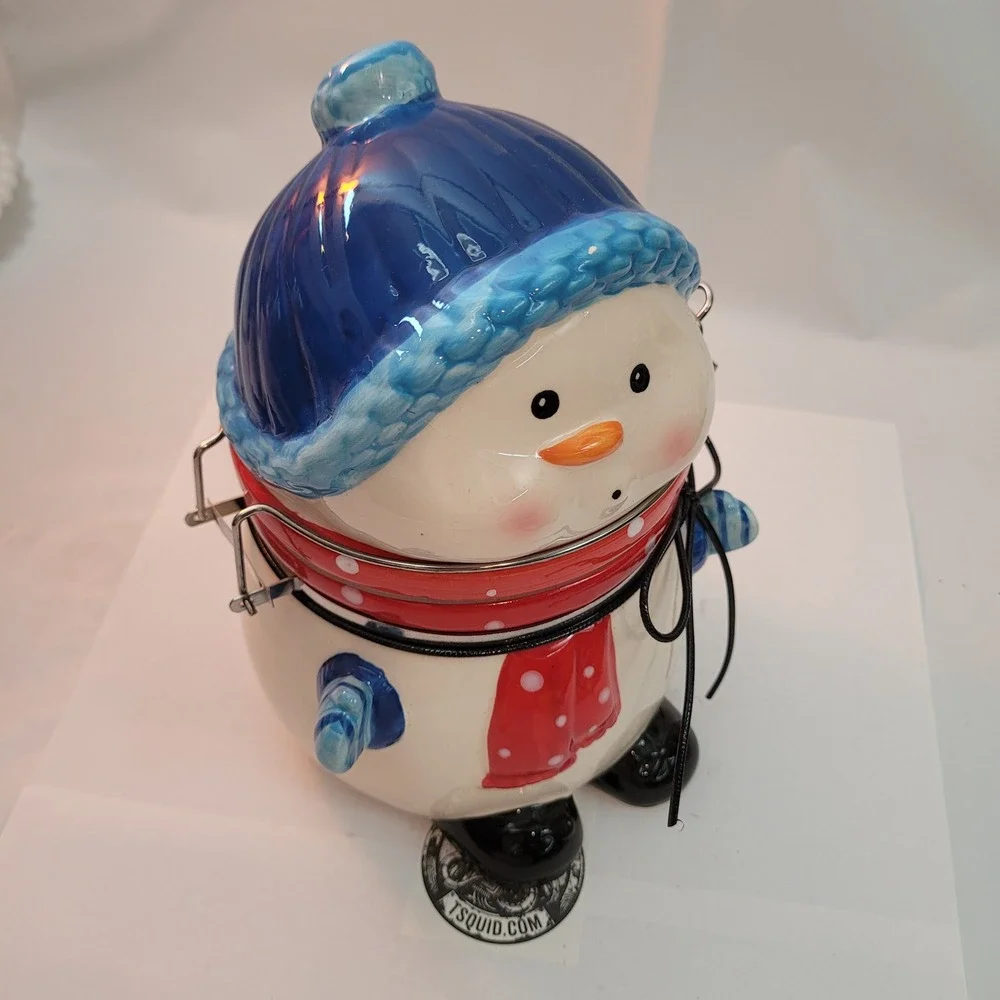 ConAgra Foods‎ Snowman Ceramic Cookie Jar Canister Blue Hat Red Scarf Hinge Lid